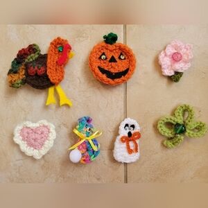 Lot Of 7 Holiday Handmade Crochet Pins